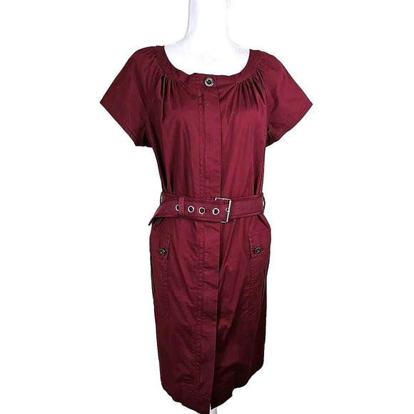 Martin + Osa ~Woman Size 14~ Burgundy Red Short Sleeve Shirt Belted Dress Zip-Up - Picture 7 of 9